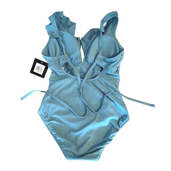 Ellen Tracy Laid Back Blue Ruffled Slimming One Piece Swimsuit Size 10 NWT - Picture 6 of 10